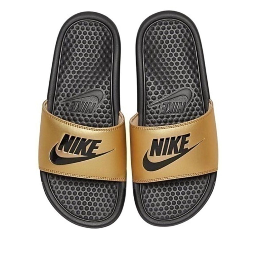 NEW Nike Women's Benassi JD Swoosh Slide Sandals
Size 7 Black Gold
